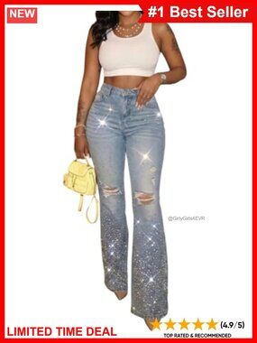 High Waisted Rhinestone Flare Jeans Distressed Ripped Denim Bell Bottoms